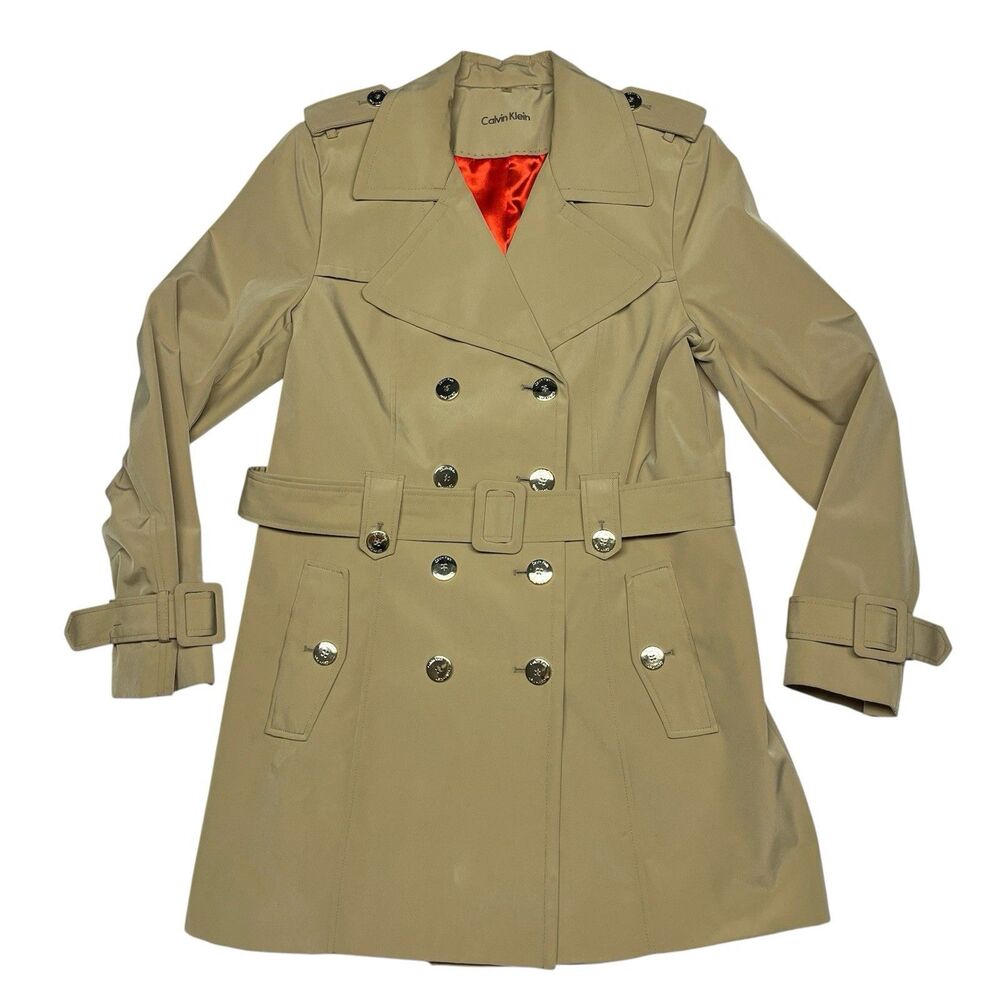 Calvin Klein Beige Double Breasted Belted Trench Coat Red